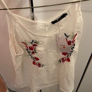Trendy White Camisole with Red Floral Embroidery